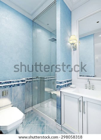 Bathroom art deco style. Design of bathroom with using blue color. White furniture and a large window with a frame, a cozy little sconces. Plastered walls and blue marble floor tiles. 3D render