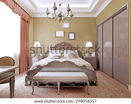Art deco bedroom with ceiling neon lights.Comfortable room with a luxurious bed and a wardrobe.3D render