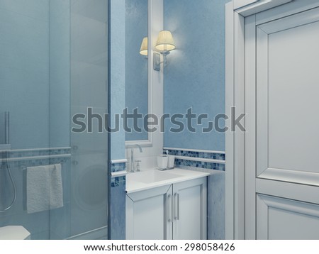 Design of modern bathroom. Bathroom elegantly made blue. Shower cubicle with glass door. Plastered blue walls and white door. 3D render