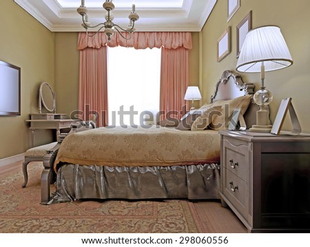 Classic english bedroom design. Elegant room with dressing table made in soothing color combinations. Brown walls and light wood flooring. 3D render