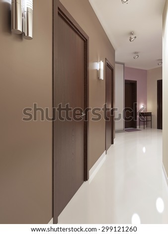 Entrance hall contemporary style. Narrow corridor with white polished concrete floor and brown walls. Doors brown colored. 3D render