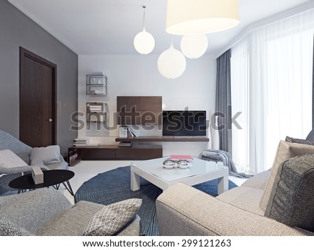 Minimalist living room interior. Beautiful bright room with colorful original form walls, floor to ceiling windows and beautiful poured concrete floors white. 3D render