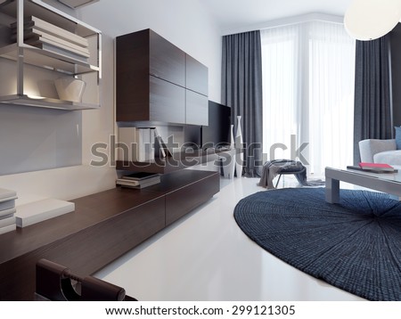 Contemporary living room design. Matte TV cabinet furniture brown. White poured concrete floors and polished. Round dark blue carpet. 3D render