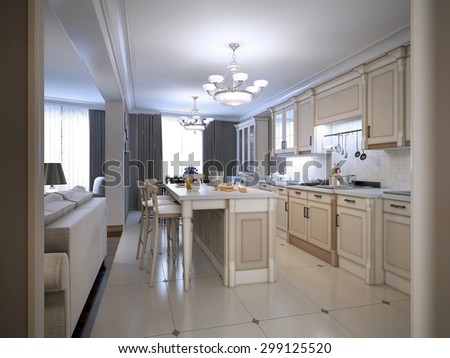 Kitchen provence style. Custom designed white kitchen with large center island with bar. 3D render