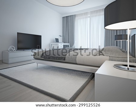 Contemporary monochrome hotel room. The laid elegant bed and furniture light gray color and elegant chrome lamps with black shades. 3D render