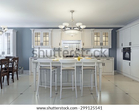 Bright art deco kitchen design. Glass-front cabinets, stainless steel appliances, white cabinets, marble countertops, white brick backsplash and navy colored walls. 3D render