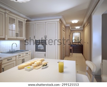 White kitchen art deco style. Design ideas for a traditional kitchen with white cabinets, marble countertops, white backsplash and stainless steel appliances. 3D render