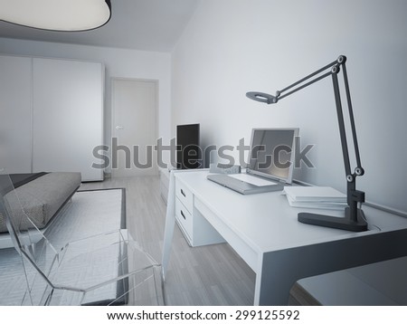 Idea of working area in modern bedroom. White designer table and transparent glass chair. On a table lamp, laptop, electronic watches, notebooks. 3D render