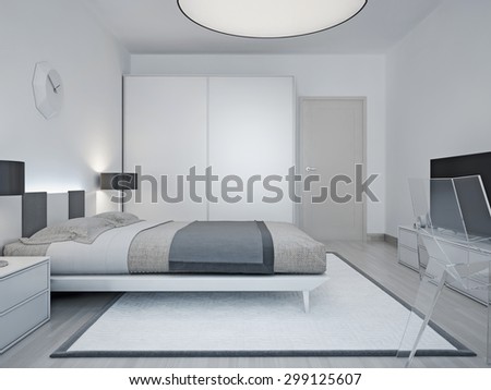 Modern hotel room design. Room with luxury bed, black lamp, wardrobe with sliding door, and a large round lamp on the ceiling. 3D render