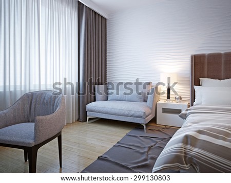 Idea of contemporary bedroom design. This room plays off a white backdrop against textures and soft grey furniture. Add the wavy plaster wall and the room is made for sweet dreams. 3D render