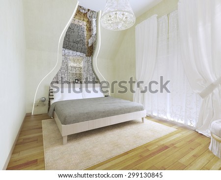 Light tones bedroom with vaulted ceiling. 3D render