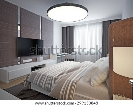 Panoramic view of nice cozy bedroom. Spacious, elegant room with good lighting and comfortable soft design. 3D render