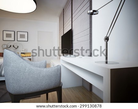 Simple reading table trend.White strict desk with lamp and easy chair with TV and sideboard in the background. 3D render