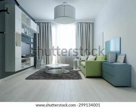 Design of bright colored living room kitsch style. Room with wall furniture. Parquet made of light wood is perfect for white walls and contrasts with a wall of navy color. 3D render