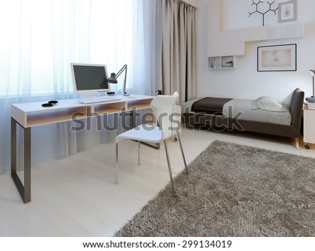 Idea of working area at bedroom. White table and chair with metal props near the window. The simplicity and elegance. 3D render