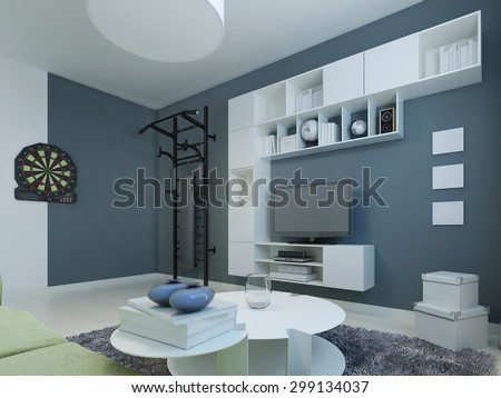 Lounge contemporary style. Room with white furniture and dark blue walls. Wall bars and darts for particularly active. 3D render