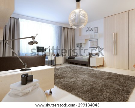 Design of contemporary bedroom. Spacious room for two teenagers. The white walls and ceiling, light wood flooring. Strict and at the same time, modern design of cabinets and wardrobe. 3D render