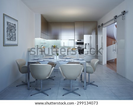 Served dinner table in the kitchen of modern style. Table for six people. A bar and a modern kitchen with sliding doors. 3D render