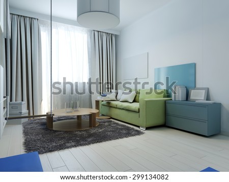 Living room kitsch style. Interior living room with colored furniture. The white walls are covered with colorful decorative panels. 3D render