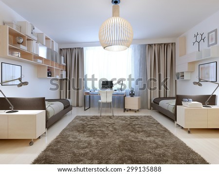 Bedroom for two tenagers contemporary style. Spacious youth room with computer desk and separated areas for life of two teenagers. 3D render