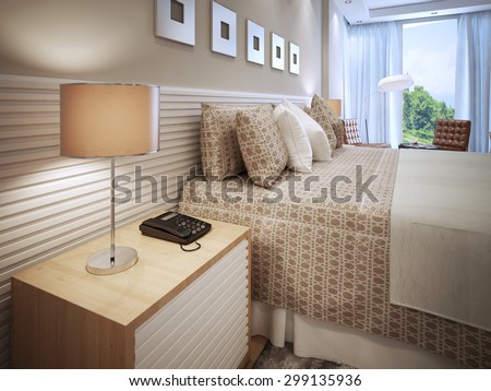 Contemporary bedroom design. Done bed with cushions, wooden bedside table with phone and table lamp with brown shade. Wall decorated with white stripes, like bedside table. 3D render