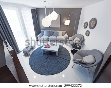 Minimalist lounge room trend.Spacious room with an original interior. Soft gray furniture. White concrete floor. floor to ceiling windows with access to the balcony. 3D render