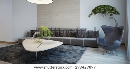 Minimalist design of sitting room. Wide fabric sofa with cushions, egg chair and table, gray wool carpet. 3D render