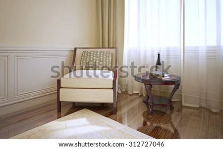 Room in classic style with armchair and coffee table. Dark wood flooring and light beige walls with molding. Cream patterned carpet. 3D render