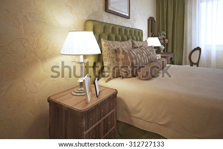Dressed bed with bedside table in classic bedroom with decorative plaster. 3D render