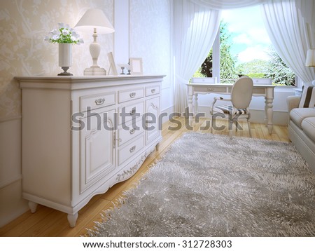 White dresser in classic bedroom. Parquet light wood floors, gray wool carpet, white furniture and white walls with decorative wallpaper. 3D render