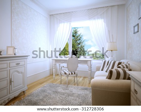 Dressing table in provence bedroom. A bright room with a large panoramic window. White simple table with drawers. 3D render