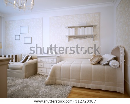 Luxury bedroom classic design. Seasoned with a single bed with pillows and stuffed toys. Wall shelves with books. White furniture and soft creamy sofa. Decorative wallpaper with molding. 3D render