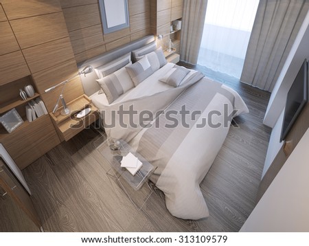 Design of loft hotel bedroom. Decorated by wooden paneling forms, a strong focal point behind the bed. 3D render