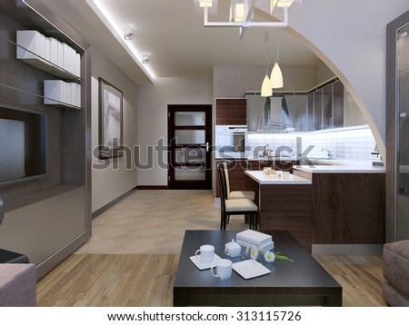 Contemporary studio design. Kitchen with lounge  separated with beautiful but simple arch. Mixed flooring and white walls. Ceiling neon lamps. 3D render