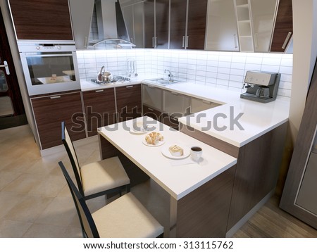 Modern zebrano kitchen design. Elegant kitchen with breakfast bar and chairs. Unusual shapes in cabinets, white acrylic countertops and white tiled backsplash. 3D render
