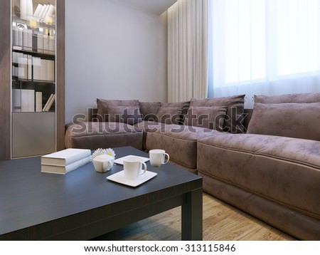Living room with velvet furniture. Spacious room with sideboard, exquisite furniture and beautiful, but at the same time strict, dark red table. 3D render