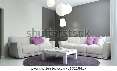 Lounge room in scandinavian style. Sofas with purple and white cushions, mixed grey and white walls, modern lamps and strict white low table. 3D render