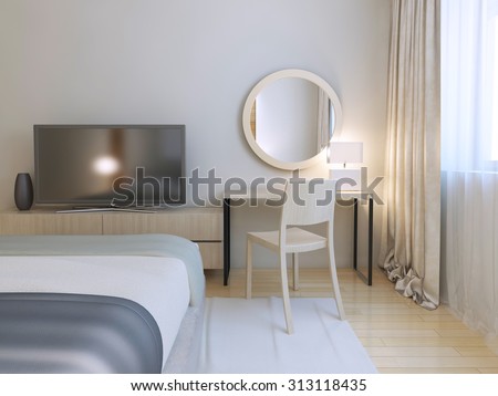 Modern bedroom interior. Room with furniture and parquet flooring of light wood. Round mirror and simple dressing table with chair. 3D render
