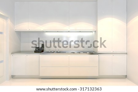 Contemporary kitchen trend. White furniture with ecru decoration. Front view. Using of white color. 3D render