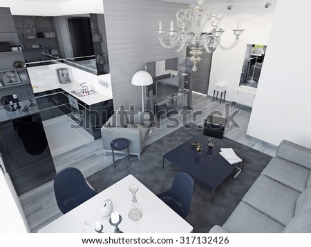 Art deco studio apartments. Black colored glossy kitchen, cozy spacious living room. 3D render