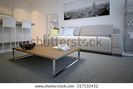 Scandinavian lounge room design. Simple table on thick pile carpet in front of cosmic latte sofa with colored pillows. 3D render