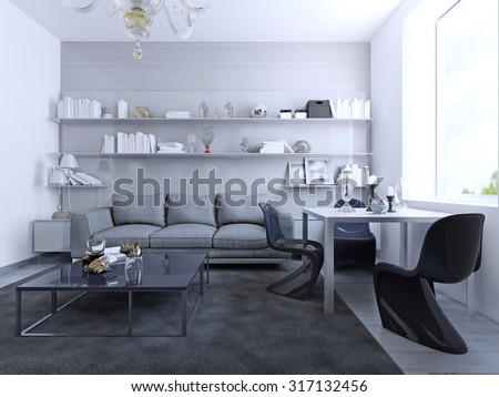 View of living room with dining table. Contemporary design of lounge with white colored walls, glass coffe table, white dining table with elegant gothic chairs. 3D render