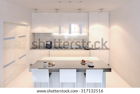 Bright kitchen with island bar contemporary style. White furniture with ecru decor. White walls and polished varnish concrete floor. 3D render