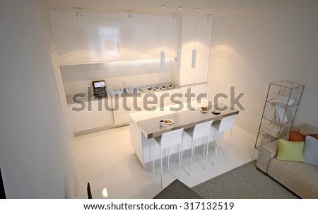 Scandinavian kitchen studio. Luxury kitchen with island bar and chairs. 3D render
