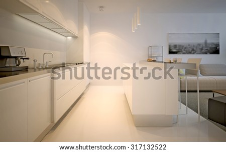 Kitchen studio modern design. Bright white kitchen with ecru countertops, island bar with chairs. Evening light. 3D render
