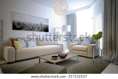 Scandinavian living room trend. Construction of a living room with limited space in the center of the home comfort. 3D render
