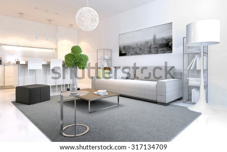 Scandinavian style apartments. Bright interior with elegant kitchen of white color. Ikea furniture. 3D render