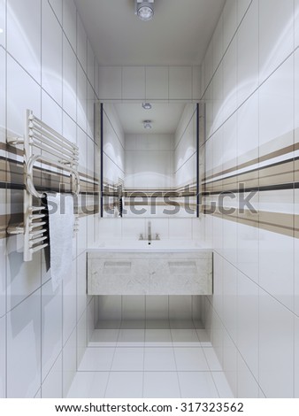 Fusion bathroom trend. A large mirror expands space. Tiling floor and walls, sink console of marble. 3D render