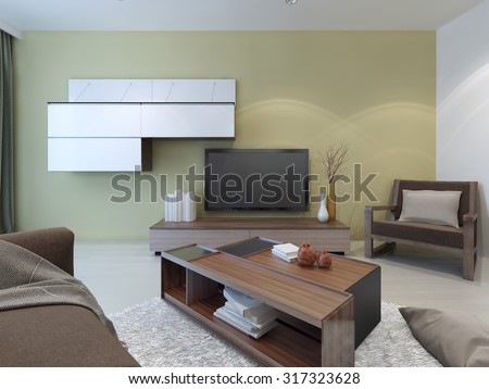 Spacious lounge room design. Light walls and floors, dark furniture. Small parts, which many do not attach importance play a crucial role. 3D render