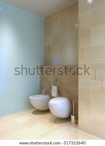 Toilet and bidet near tiled wall. Fusion styled interior of wc. Contrast of light blue and lemon cream tiled walls. 3D render